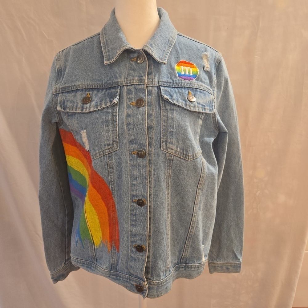 M&M'S Vibes Rainbow Distressed Light Blue Cotton Jean Jacket Womens Size Small